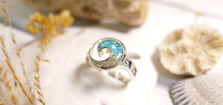 Dune - Sterling Silver - Wave 15mm Turquoise Gradient Ocean City Beach Sand Ring (Size 8)