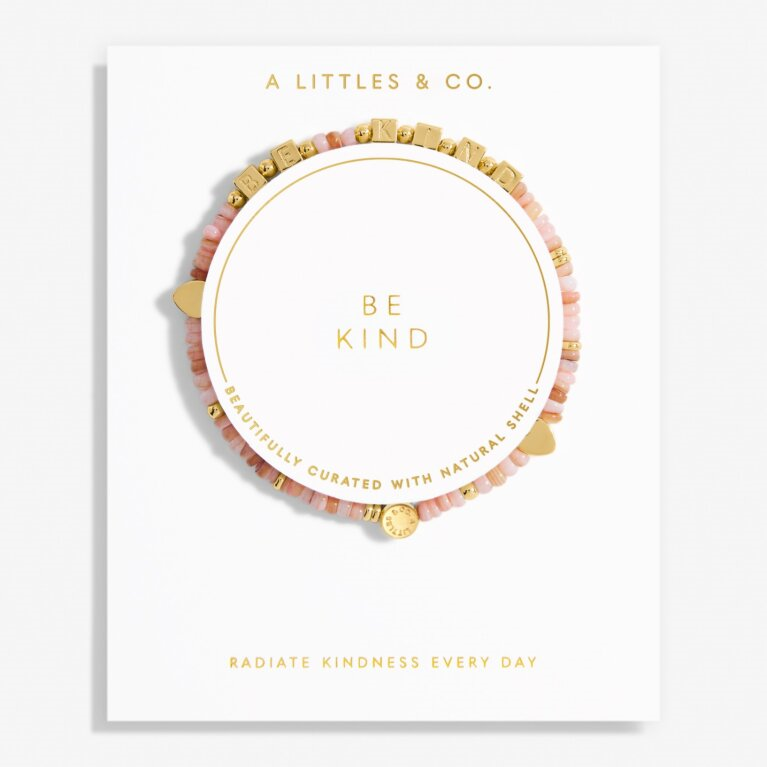 A Little & Co - Brass - Gold - Pink Shells - Be Kind - Heart Stretch Beaded Bracelet 6 7/8"