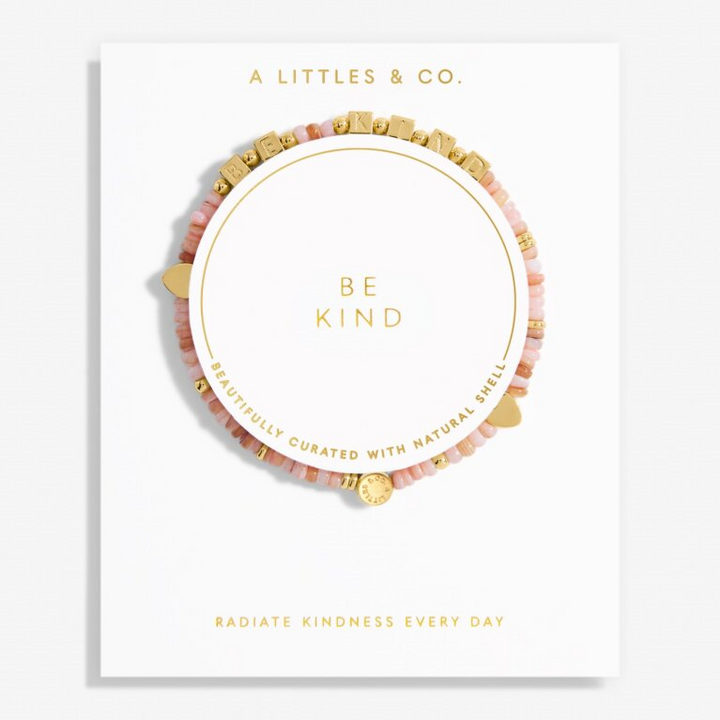 A Little & Co - Brass - Gold - Pink Shells - Be Kind - Heart Stretch Beaded Bracelet 6 7/8"