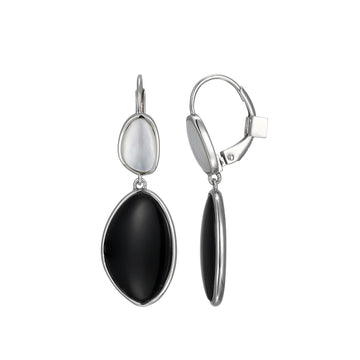 Elle - Sterling Silver - "Pebble" Black Agate & Mother of Pearl Drop Earrings