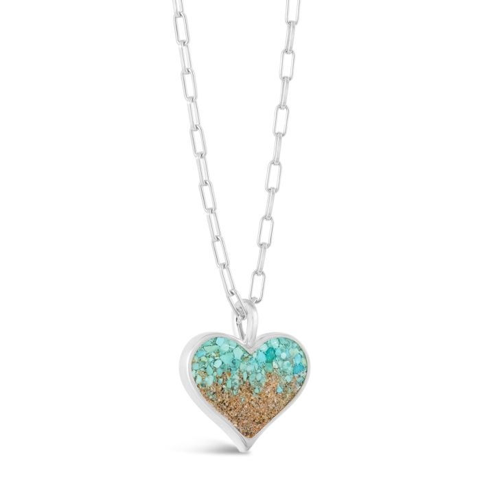 Dune - Sterling Silver - Heart of Sand Turquoise Gradient Heart Necklace Paper Clip Chain (16"-20")