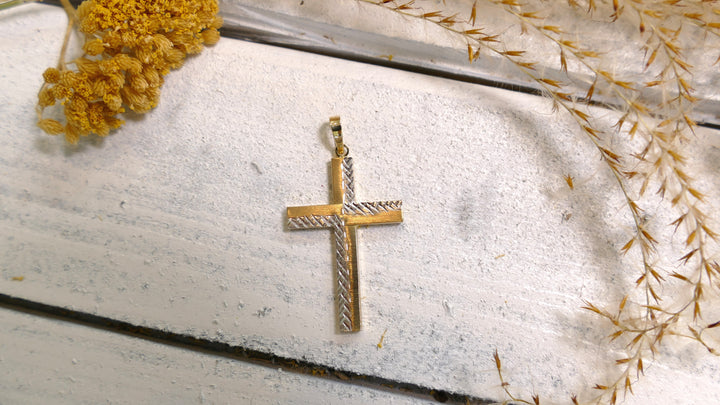 14k Two Tone Cross Square, Diamond Cut Pendant 5mm Bail (Chain not Included)