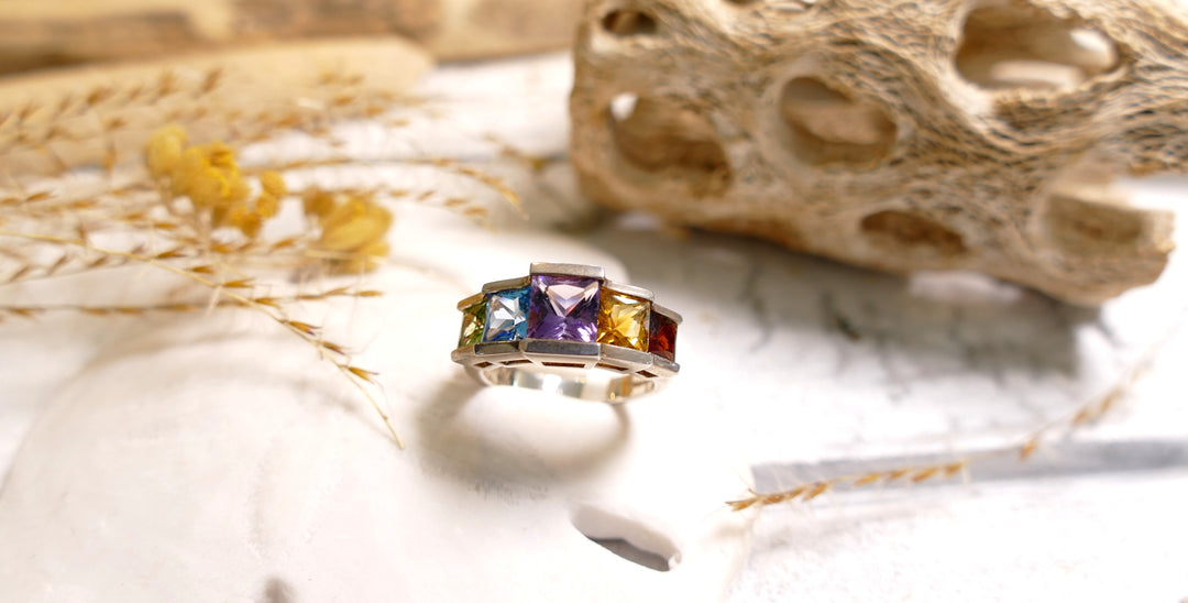 Sterling Silver Multicolored 5 Stone Ring (Size 6)