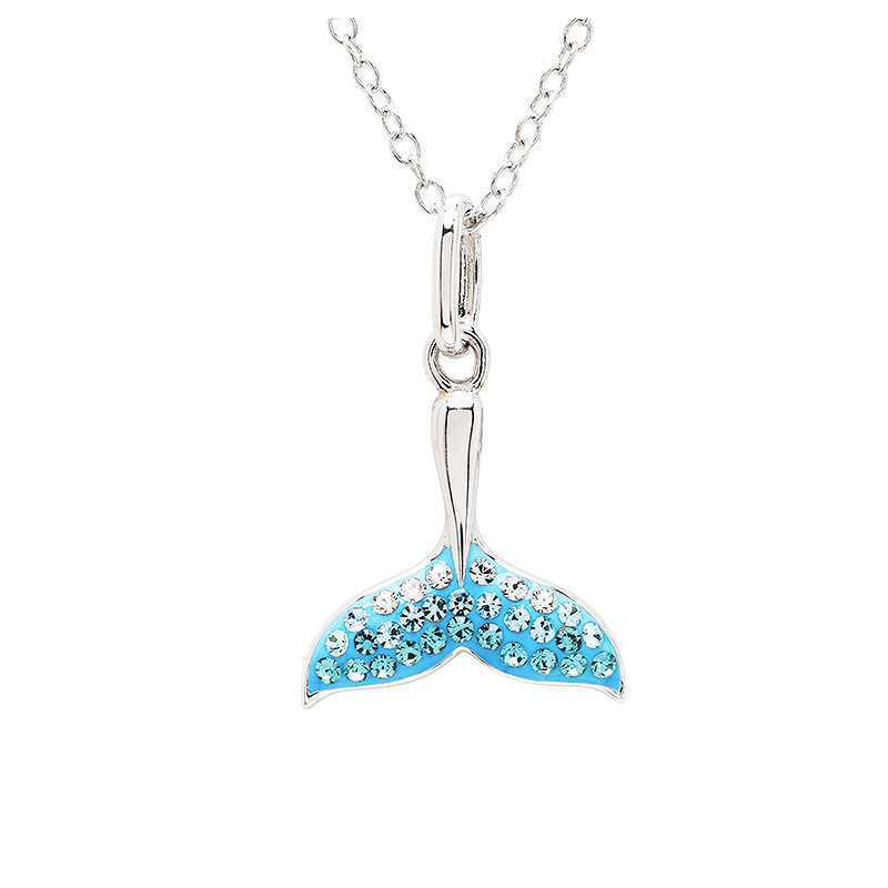 Ocean - Sterling Silver - Silver Aqua - Mini Crystal Whale Tail Necklace