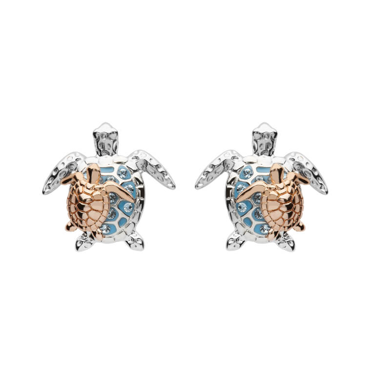 Ocean - Sterling Silver - Rose Gold Crystal Stud Turtle Earrings