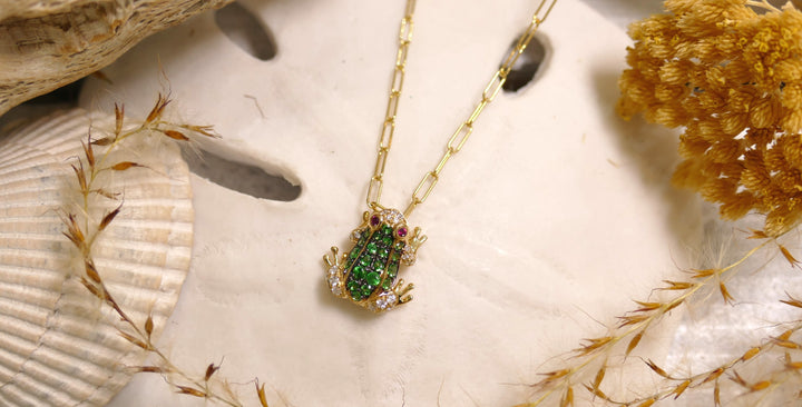 14k Yellow Gold Frog - Tsavorite .20ct + Ruby .02ct .09ct Dia. Diamond Pendant
