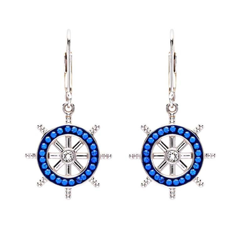Sterling Silver Silver Crystal Round Dangle Ship Wheel Earrings
