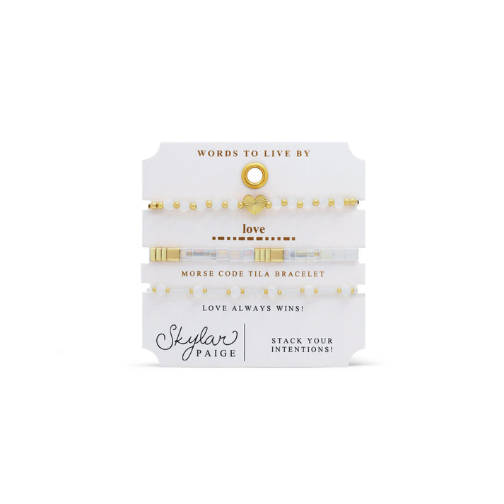 Stia Couture - - Gold "Love" (Fluted) Tila Bead Morse Code Stretch Bracelet