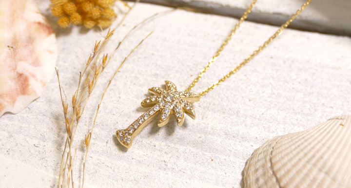 14k Yellow Gold Palm Tree 0.35ct Diamond Necklace