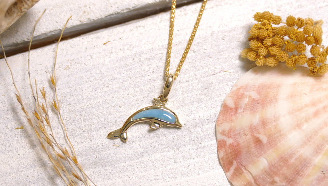 14k - Yellow Gold Larimar Dolphin Pendant