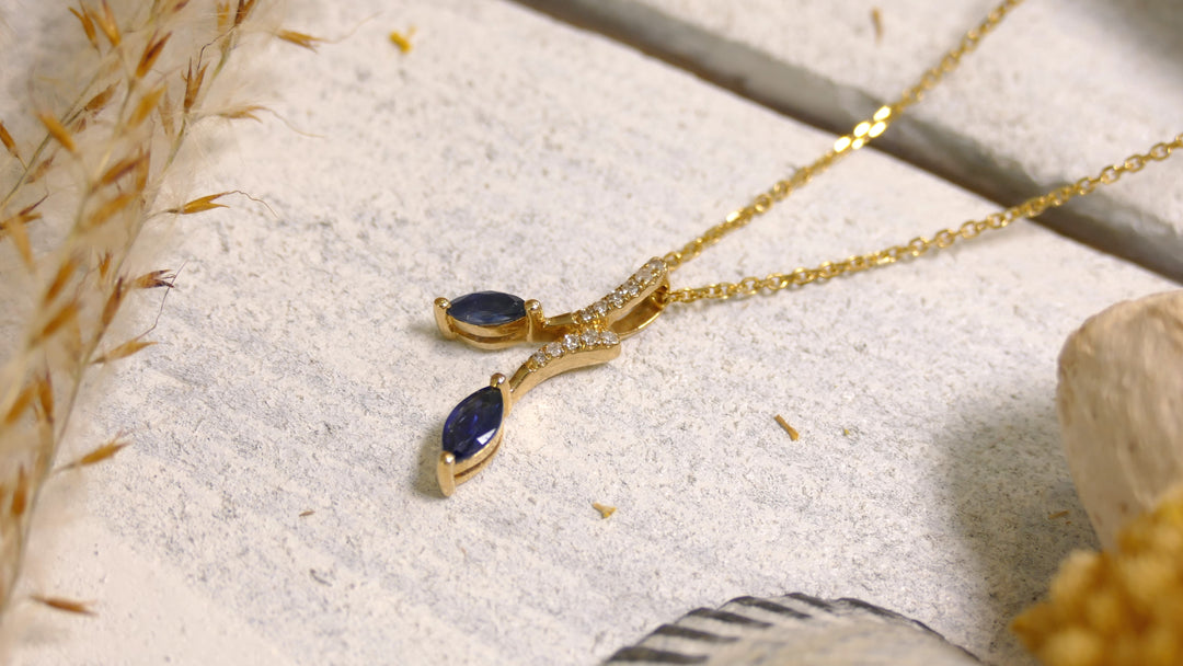 14k Yellow Gold Branch 0.05ct Accent Diamonds Sapphire Marquise Pendant