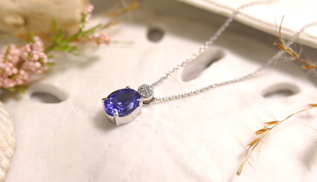 14k White Gold Accent Round Pave Diamond .03ctw Tanzanite Oval Pendant