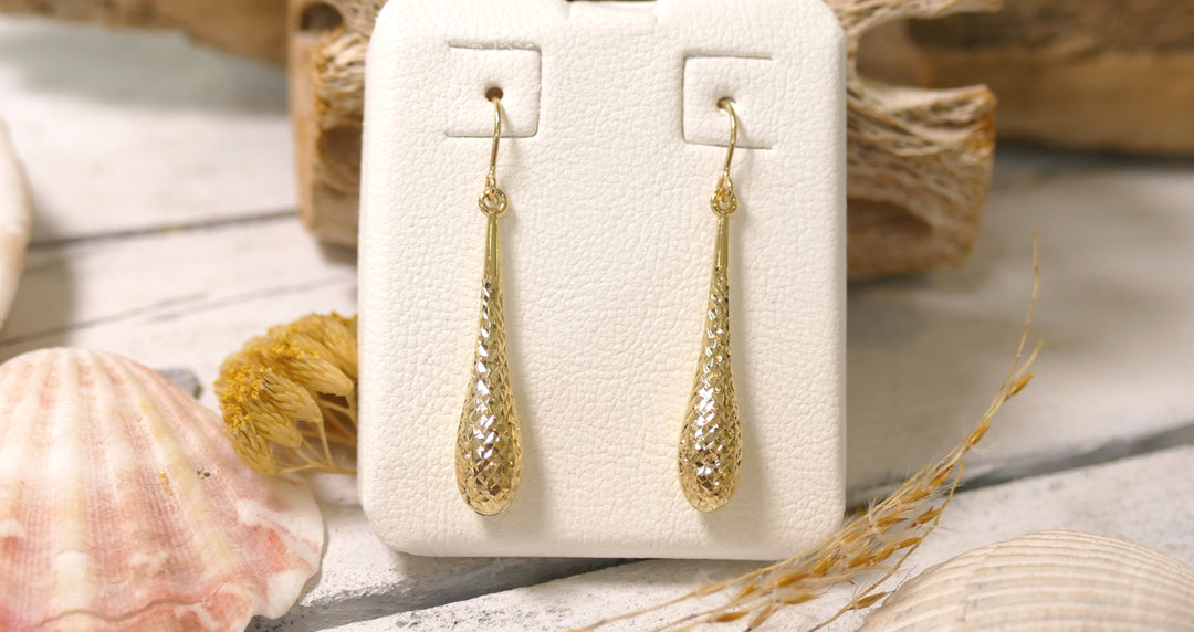 14k Yellow Gold Diamond Cut ElongatedTeardrop Drop Earrings