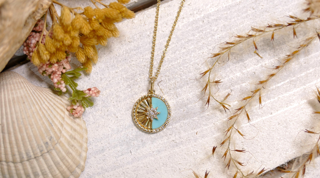 14k Yellow Gold Diamond + Starburst .07ct Turq Necklace