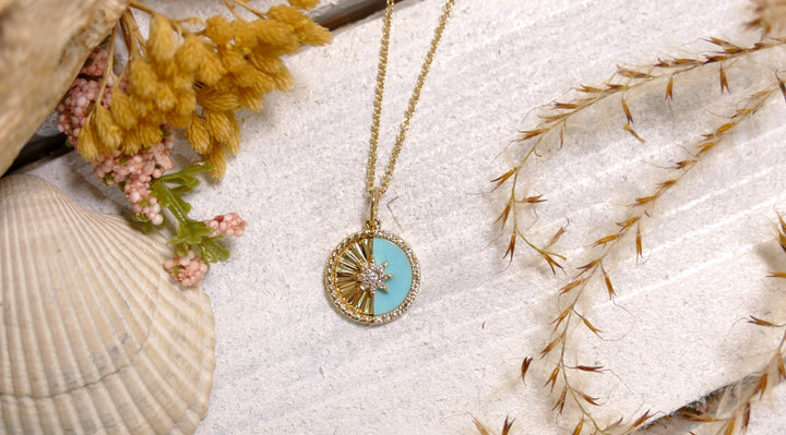14k Yellow Gold Diamond + Starburst .07ct Turq Necklace