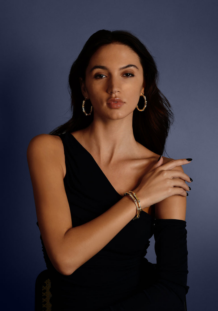 Anabel Arum - Brass - 18K Gold Plated Crystal Hoop Bamboo Earrings