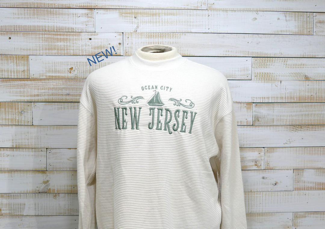 Long Sleeve Crew Neck Ribbed OCNJ Sailboat Sweatshirt - Ivory (Extra Large)