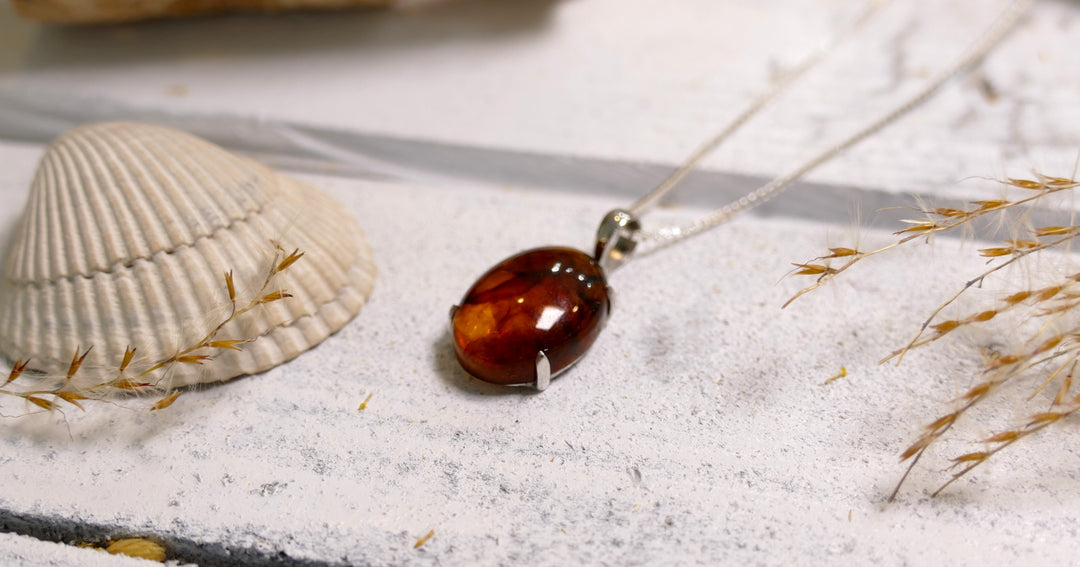 Sterling Silver - Silver Oval Amber Pendant