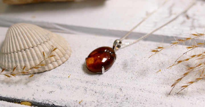 Sterling Silver - Silver Oval Amber Pendant
