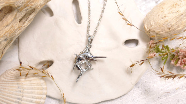 Sterling Silver - Silver Marlin - White + Blue Topaz Fish Necklace