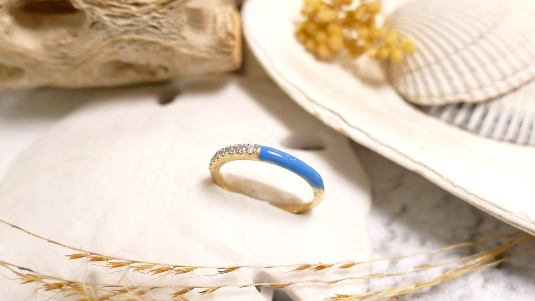 14K Yellow Gold Half & Half - Blue Enamel .12ct Natural Diamond Ring (Size 7)
