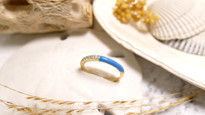 14K Yellow Gold Half & Half - Blue Enamel .12ct Natural Diamond Ring (Size 7)
