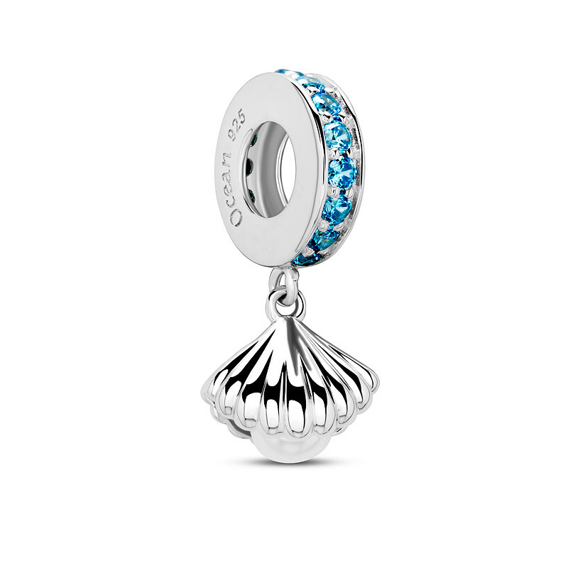 Ocean - Sterling Silver - Aqua CZ Pearl Shell Dangle Charm