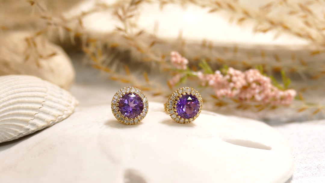 14k Yellow Gold Round 0.19ct Amethyst Diamond Halo Stud Earrings