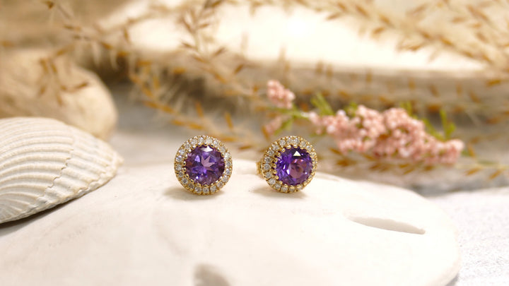 14k Yellow Gold Round 0.19ct Amethyst Diamond Halo Stud Earrings