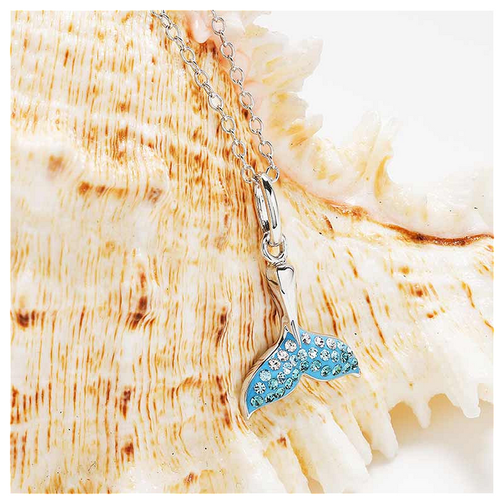 Ocean - Sterling Silver - Silver Aqua - Mini Crystal Whale Tail Necklace