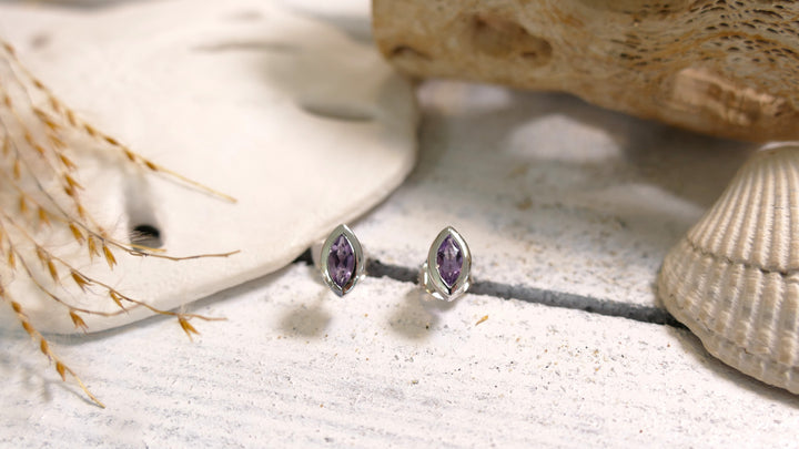 Sterling Silver - Silver Rhodium Amethyst Stud Earrings
