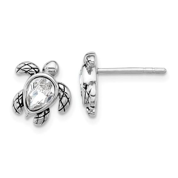 Sterling Silver - Silver April Birthstone Crystal Turtle Stud Earrings