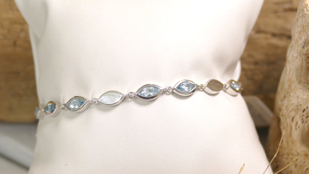 Sterling Silver - Silver - Alternating - Blue Topaz Bracelet (7.5")