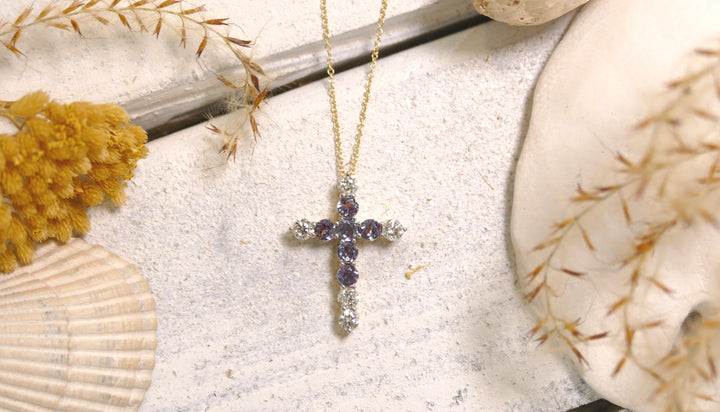 14k Yellow Gold Monte Luna Cross .50ct Lab Diamonds + Lab Alexandrite Pendant