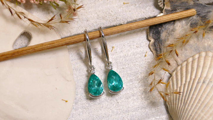 14k White Gold Pear 0.02ct Accent Diamonds Paraiba Tourmaline Checkerboard Cut Dangle Earrings