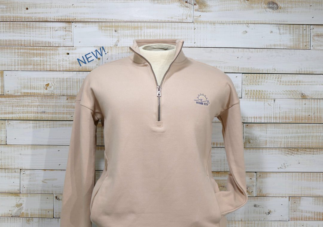 Gear - Long Sleeve 1/4 Zip Cadet Collar OC Sun & Wave Sweatshirt - Tan