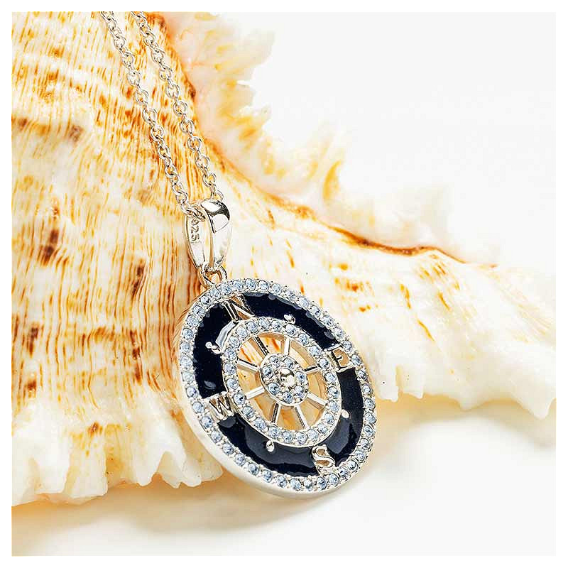 Ocean - Sterling Silver - Silver Dark Blue Enamel Crystal Compass Necklace