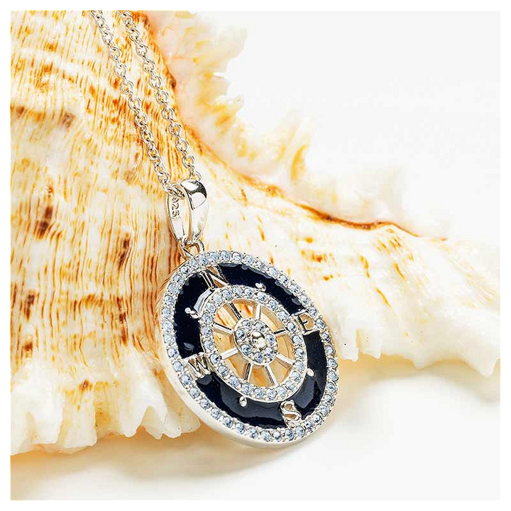Ocean - Sterling Silver - Silver Dark Blue Enamel Crystal Compass Necklace