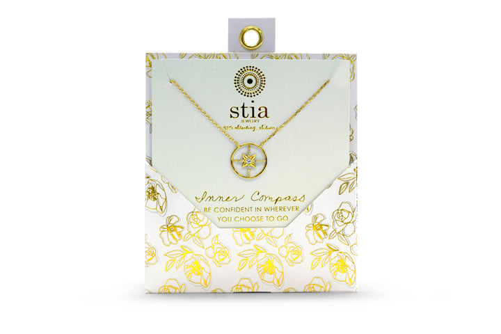 Stia - Sterling Silver - 14K Gold Plated Cubic Zirconia Round 15-17" Compass Necklace