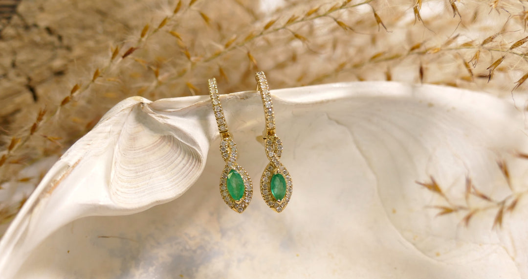 10k Yellow Gold Marquise .3ct Emerald Dangle Earrings