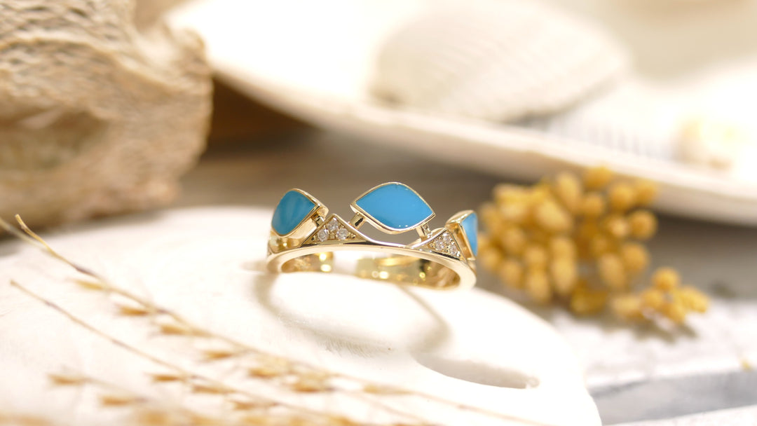 14K Yellow Gold Blue Enamel - Cut Out 0.06ct Natural Diamond Ring (Size 6)