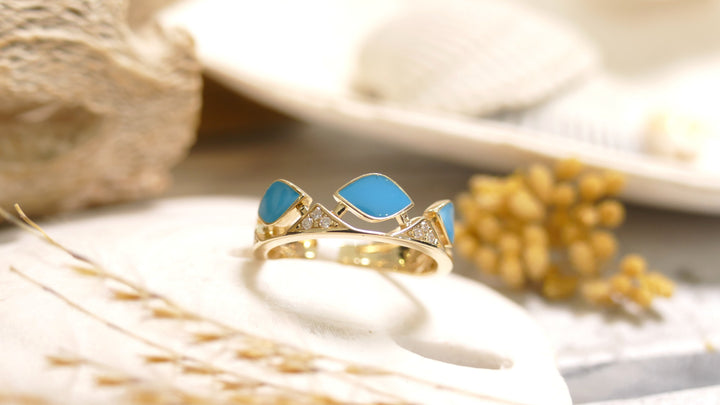 14K Yellow Gold Blue Enamel - Cut Out 0.06ct Natural Diamond Ring (Size 6)