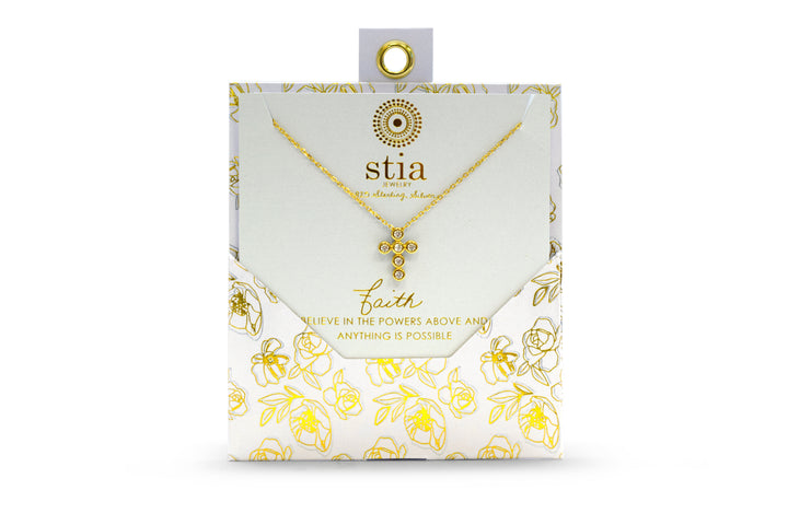 Stia - Sterling Silver - 14K Gold Plated Cubic Zirconia Cross 15-17" Necklace