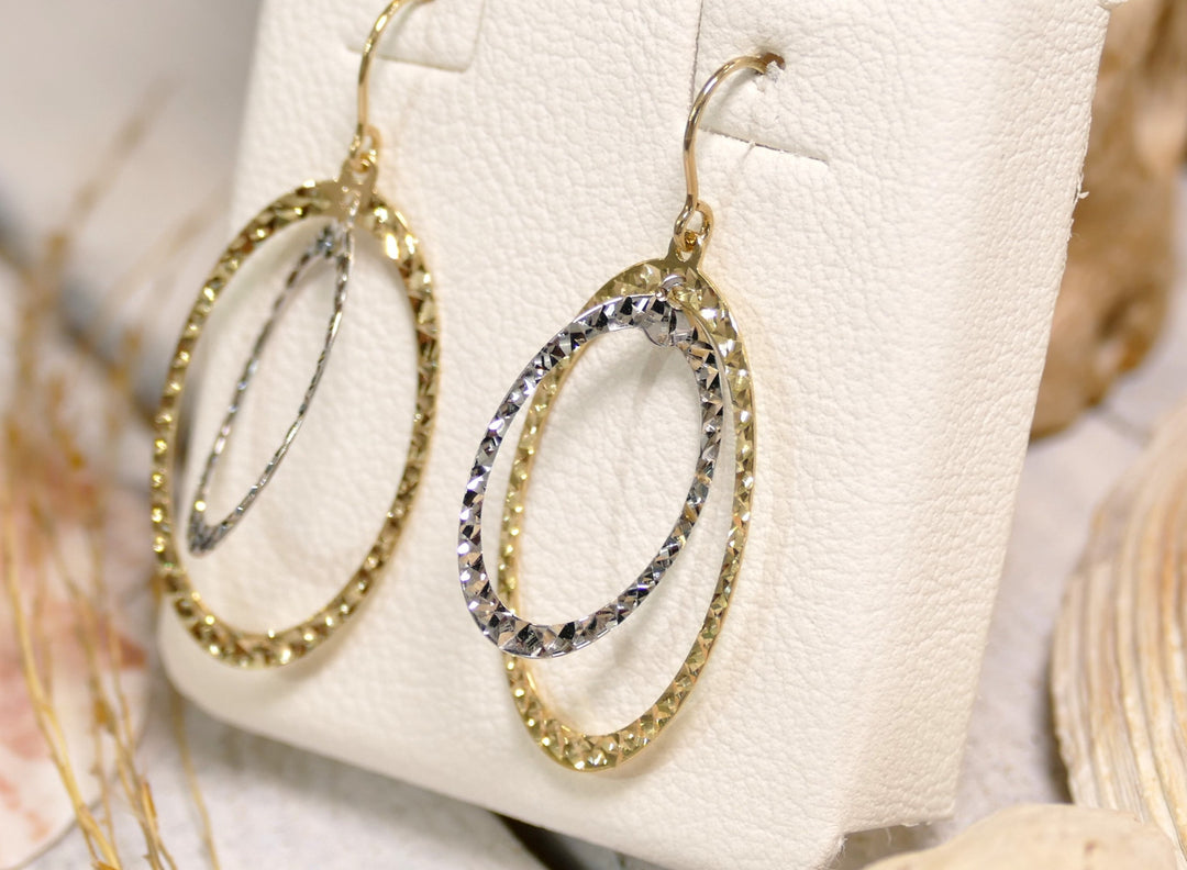 14k Two Tone Double Oval + Diamond Cut Dangle Earrings
