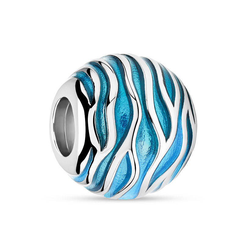 Ocean - Sterling Silver - Blue Round Enamel Wave Bead Charm