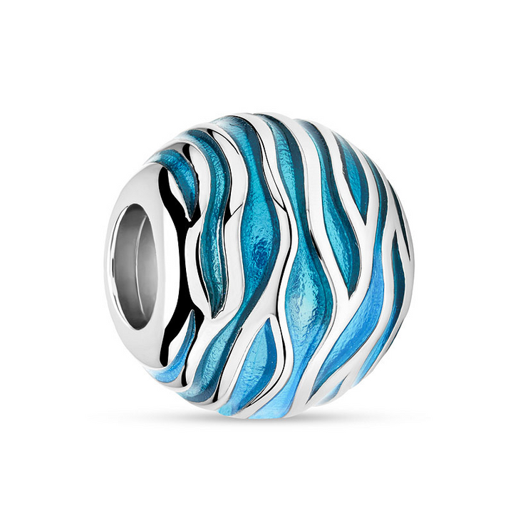 Ocean - Sterling Silver - Blue Round Enamel Wave Bead Charm