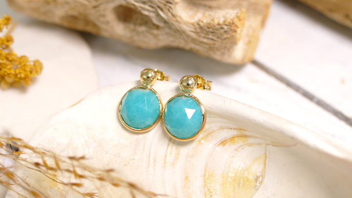 14k Yellow Gold Round Jade Aqua/Amazonite Stud Earrings