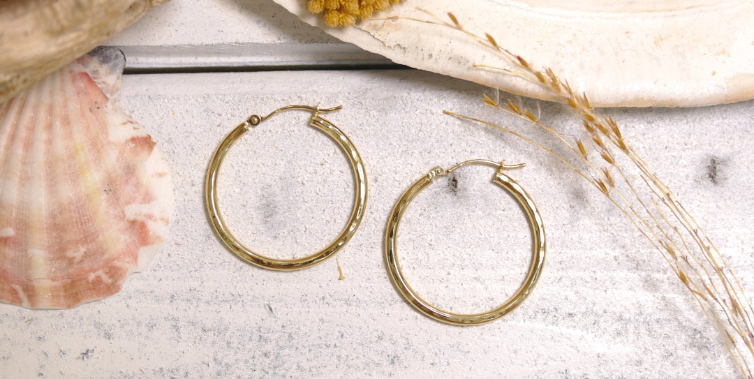 14k Yellow Gold Thin Diamond Cut Hoop Earrings