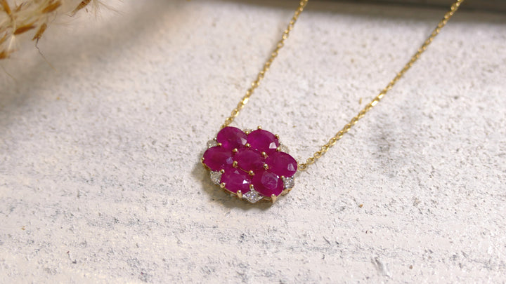 14k - Yellow Gold Cluster Ruby Oval Necklace