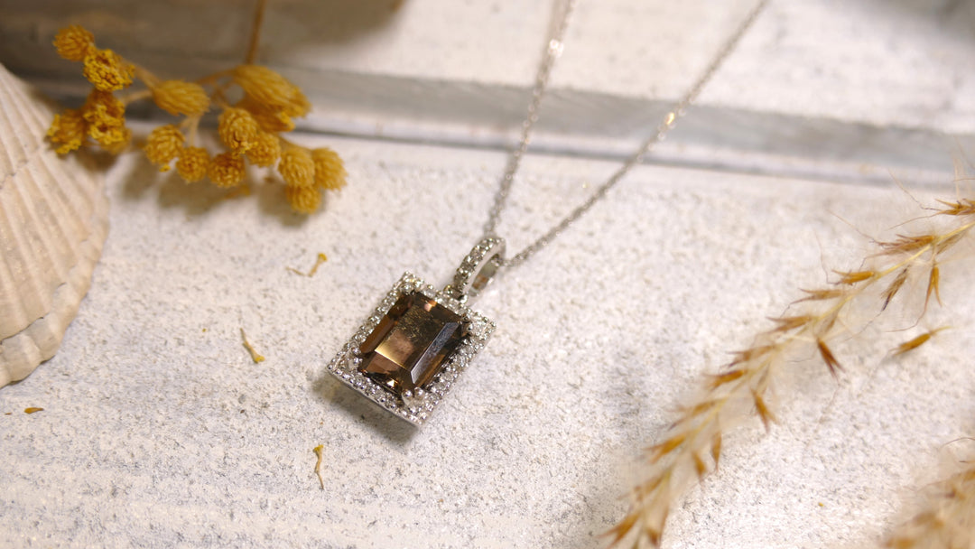 14k White Gold Diamond 0.08ct Smoky Quartz Emerald Cut Pendant